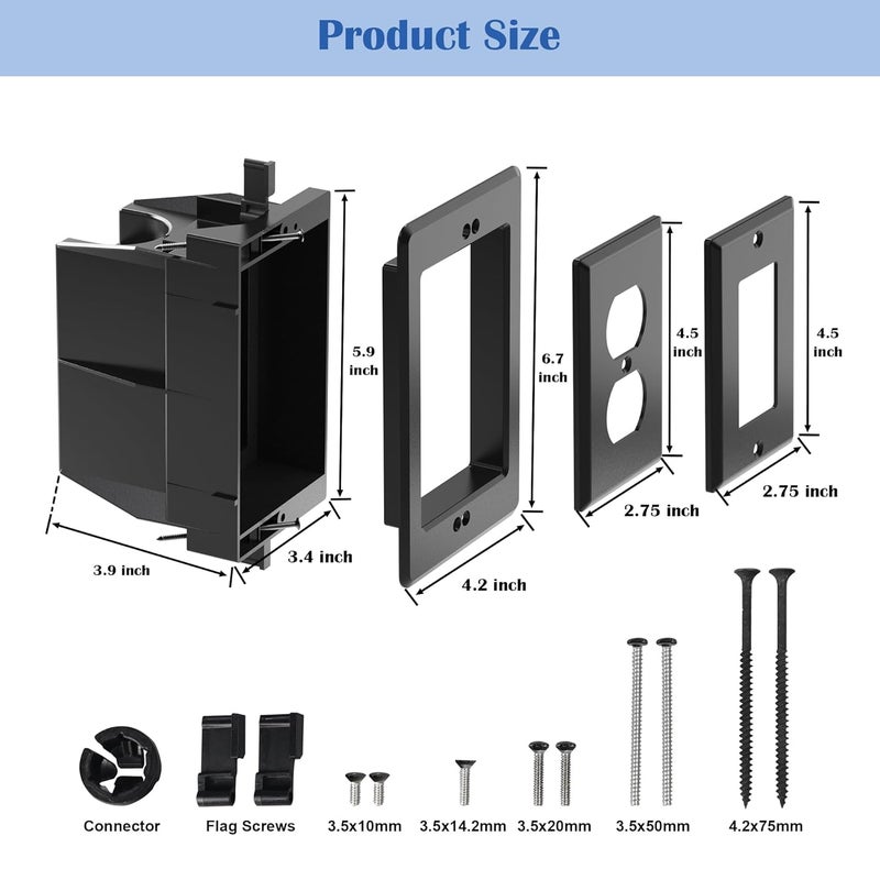 Magaliyo Recessed Outlet/Electrical Box Single Gang, for Wall Mount TV, Antenna, Phone and Cable TV, Suitable for GFCI Outlet and Standard Outlet, for Old or New Construction (Black) - Image 2